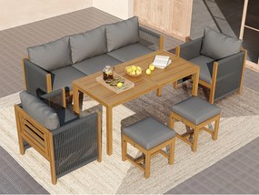 Zestaw mebli ogrodowych do jadalni dla 7 osób, sofa, 2 sofy jednoosobowe, 2 stołki, stół jadalny, blaty z akacji, stal ocynkowana, szary