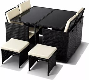 Zestaw mebli ogrodowych Concept technorattan 4 fotele + 2 pufy stół szkło hartowane czarny/kremowy taras balkon patio