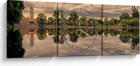 Obraz jeziora i drzew (z zegarem) (90x30 cm)