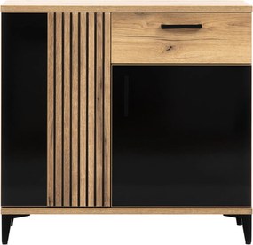 Komoda z Szufladą i Lamelami do Przedpokoju DYNAMO 88,5 cm Dąb evoke / czarny połysk Loft