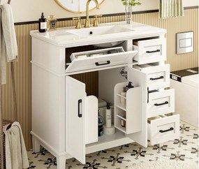 Mebel łazienkowy z ceramiczna umywalką 90x46x87 cm - 4 szuflady i 3 drzwi - Biały