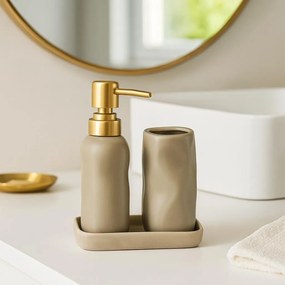Zestaw łazienkowy EON, ceramiczny dozownik ze złotą pompką, kubek i taca