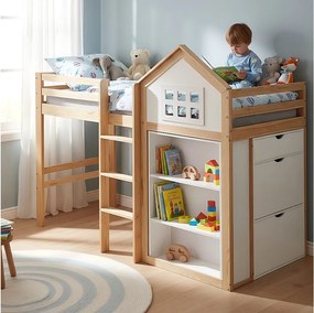 Łóżko piętrowe dla dzieci - 90 x 200 cm - z półką do przechowywania + szuflady + barierka - sosna + MDF - białe + naturalne