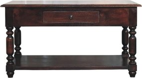 Konsola z litego drewna Artisan Furniture z toczonymi nogami, 1 szufladą i otwartą półką, ciemnobrązowa