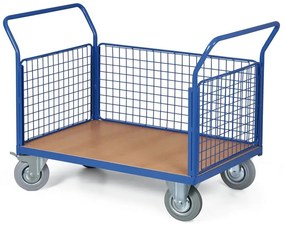 Wózek platformowy - 3 burty z siatki, 1200 x 800 mm, nośność 300 kg, koła 160 mm z czarną gumą