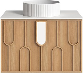 Wiszaca szafka łazienkowa teksturowana z okrągłą, prążkowaną umywalką nablatową - Jasny naturalny - szer. 75 cm - MERKAN