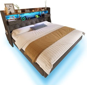 Łóżko dla dorosłych z tapicerka 90x200cm - z oświetleniem LED - z 1 portem Type-C i 3 portami USB - wezgłowie z przechowywaniem - len - Szary