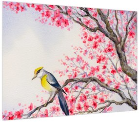 Obraz na szkle - ptak na drzewie z czerwonymi kwiatami (70x50 cm)