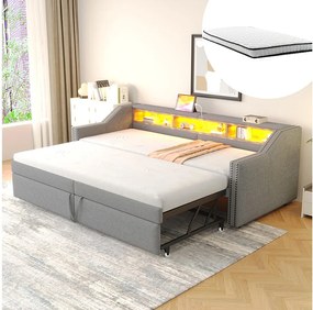 Rozkładana sofa - 90/180 x 200 cm - z półkami do przechowywania + diody LED + USB - len + płyta MDF - jasnoszara (z 2 materacami)