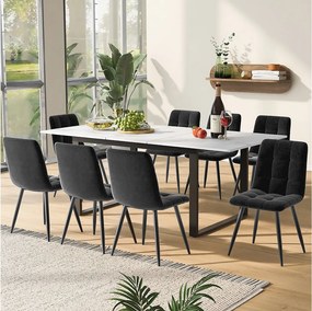 Wydłużony stół z 8 szarymi aksamitnymi krzesłami - biały lakierowany MDF - 140/180 × 80 × 75 cm