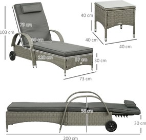 Outsunny Zestaw leżaków ogrodowych z technorattanu ze stolikiem, meble ogrodowe z poduszkami, 4 kolory