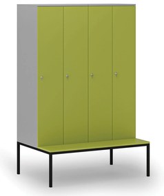 Drewniana szafa ubraniowa S4 z ławką, 4-drzwiowa, 1871 x 1200 x 500/800 mm, demontaż, zamek cylindryczny, szary/zielony