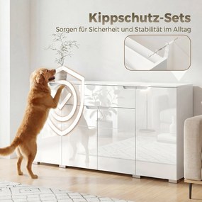 HOMCOM Komoda w wysokim połysku, nowoczesna komoda bufetowa z 4 drzwiami i regulowanymi półkami, szafka kuchenna z cichym domykiem, biały | Aosom PL