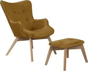 Musztardowy aksamitny fotel z podnóżkiem Niko – Ropez