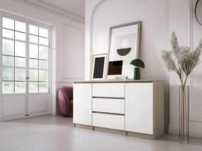 Komoda: Dąb Sonoma / Biały Mat, 140 x 78 x 39 cm, 3 szuflady, 2 drzwi