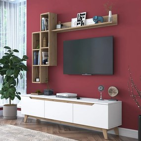 Biały zestaw pod TV w dekorze orzecha 180x49 cm Linh – Kalune Design