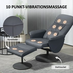 HOMCOM Fotel Masujący z Podnóżkiem, Ergonomiczne Krzesło z 10 Punktami Wibracji, Skóra Ekologiczna, 76 x 81 x 105 cm, Ciemnoszary