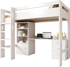 Łóżko mezzanine 90x200 cm - z drabinką bezpieczeństwa 4 stopnie - z biurkiem - z półką - z barierkami bezpieczeństwa - białe (bez materaca)
