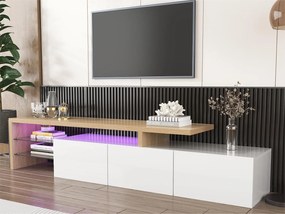 Meble TV 200 cm - 3 drzwi i 2 przegrody szklane - styl nowoczesny - Biały i Naturalny