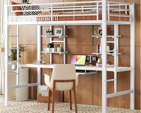 Łóżko mezzanine 90x200cm - z biurkiem i półkami - metalowa rama - Biała