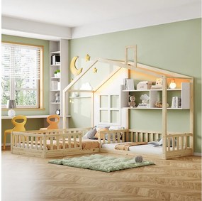 Łóżko dziecięce kabinowe - 90 x 200 cm + 140 x 70 cm - z półkami - MDF + sosna - w zestawie stelaż z listew - naturalny