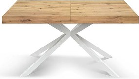 Stół drewniany, wykończenie dębowe, podstawa w kształcie litery X z białego metalu, 180×90–260×90 - CAMAIORE