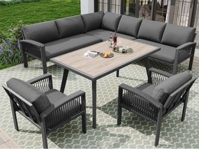 Zestaw mebli ogrodowych do jadalni dla 8 osób, plecionka, 1 stół z drewnianym usłojeniem, z galwanizowanej stali, narożna sofa - 2 fotele, szary