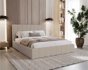 BESILIO Sypialnia łóżko slim 140x200 Lexy - stelaż metalowy, pojemnik na pościel, slim łóżko, tkanina boucle - Beżowy