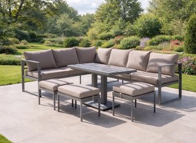 Narożnik ogrodowy Bellagio NM21-BR z pufami i stołem, szary, poduszki beżowe