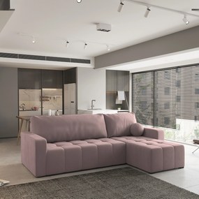 Masseno Narożnik VOLIRA z funkcją spania i pojemnikiem na pościel Narozniki L, Rozkładana sofa - Pudrowy róż, KRONOS 27