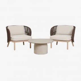 Zestaw Ogrodowy Z 2 Fotelami Z Plecionej Liny Capri Oraz Okrągłym Stolikiem Kawowym Ø75 Cm Z Cementu Layana Chocolate - Sklum