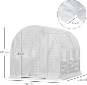 Outsunny Szklarnia Foliowa z 6 Zwijanymi Oknami i Drzwiami na Zamek Błyskawiczny Rama z Ocynkowanej Stali 295x2x2m Biały | Aosom PL