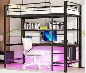 Łóżko mezzanine 90x200 cm - z barierkami - z drabiną - z USB i gniazdkami - z oświetleniem LED - z biurkiem + wielopoziomowymi półkami - czarne (bez materaca)