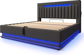Tapicerowane łóżko z pojemnikiem 160x200 cm - z LED - z portami USB i Type-C - Tkanina lniana - Wezgłowie z przestrzenią do przechowywania - Szary