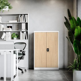 Biurowa szafa metalowa KEVIN, 900 x 1400 x 400 mm, Eco Design: biała/ dąb sonoma