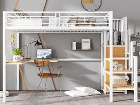 Łóżko mezzanine 90 x 200 cm - z biurkiem - z otwartą szafą - drabinka bezpieczeństwa 4 stopnie - metal + płyty wiórowe - białe (bez materaca)