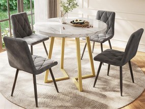 Stół jadalny okrągły - metalowa konstrukcja - okleina w marmurowy wzór - Biały i Złoty