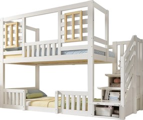 Łóżko piętrowe dla dzieci - 2 x 90 x 200 cm - styl kabiny z oknami - ze schodami do przechowywania - drewno - białe