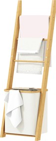 HOMCOM Regał łazienkowy, 2-w-1 z 3 drążkami, wyjmowany kosz na pranie 48L, bambusowy, 43 x 35 x 133 cm, kremowy | Aosom PL