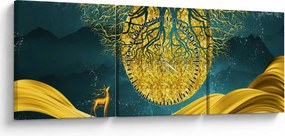Obraz - Abstrakcja, złoty krajobraz (z zegarem) (90x30 cm)