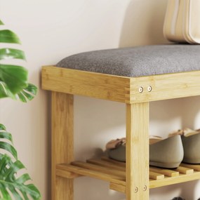 HOMCOM Ławka na buty z siedziskiem, bambusowa ławka z miejscem na obuwie, 2 otwarte półki, 60 x 29 x 49 cm, szara | Aosom PL
