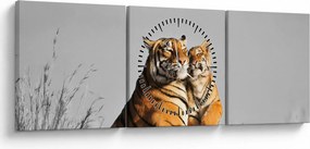 Obraz - Tygrysica i jej młode, wersja czarno - biała (z zegarem) (90x30 cm)