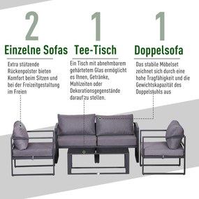 Outsunny Zestaw mebli ogrodowych 4 części sofa dwuosobowa stolik kawowy poduszki szare aluminium | Aosom PL