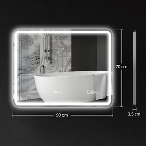 HOMCOM Lustro łazienkowe z oświetleniem LED, funkcją przeciwmgielną, 3 regulowanymi kolorami światła, zegarem, 700 x 900 mm, Srebrne