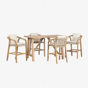 Zestaw Wysokiego Stołu Prostokątnego 160x90 Cm I 4 Wysokich Stołków Z Drewna Akacjowego Dubai Rustykalny Brąz Akacjowy & Tkaniny Gardenia Biel - Sklum