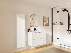 Szafka łazienkowa wisząca  w paski z umywalką do zabudowy i słupek – biały matowy – 80 cm – ZEVINI