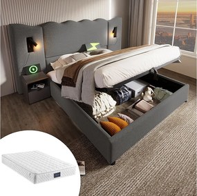 Łóżko tapicerowane dwuosobowe ze schowkiem - 160 x 200 cm - zagłówek + materac - Lampa i USB - Lite drewno i tkanina lniana - Szary