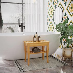 HOMCOM Ławka prysznicowa bambusowa z półką siedzisko krzesło do łazienki naturalne 47,5 x 26 x 44,5 cm | Aosom PL