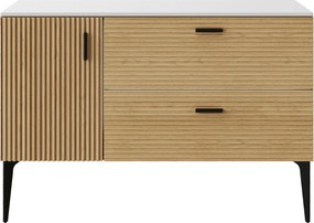 Szafka pod umywalkę prążkowana na nóżkach z blatem - 1 drzwi i 2 szuflady - Jasne drewno naturalne - 120 cm - SARONE