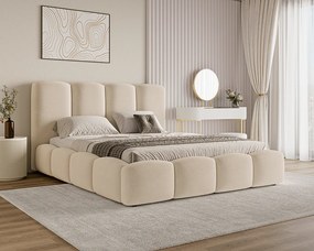 BESILIO Łóżko chmurka z pojemnikiem i stelażem 120x200 Puffy - welurowe łóżko tapicerowane - Beżowy